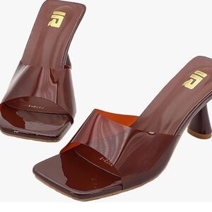 Women's Brown Transparent Jelly Color Square-Toe Slide Heels
